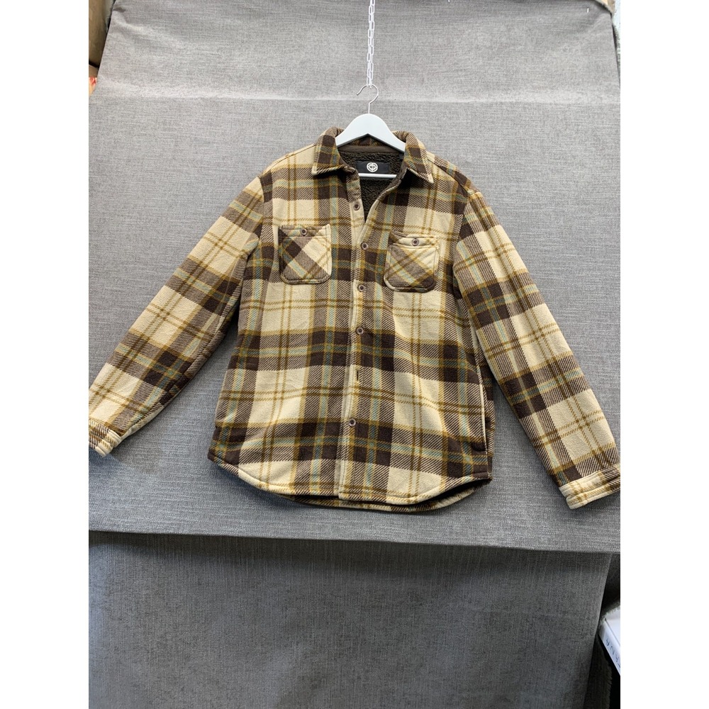 Weatherproof Vintage Sherpa Lined Flannel Shacket Mens Medium Beige Plaid Cozy